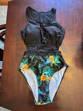 NWT Black One-Piece Swimsuit with Tropical Print